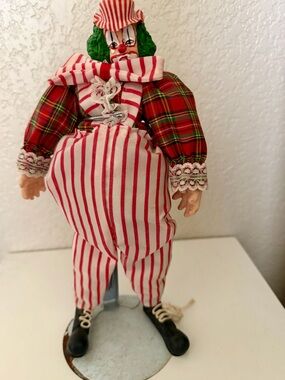 Vintage Handmade Christmas Clown Doll on Metal Stand Red Stripe & Plaid Holiday